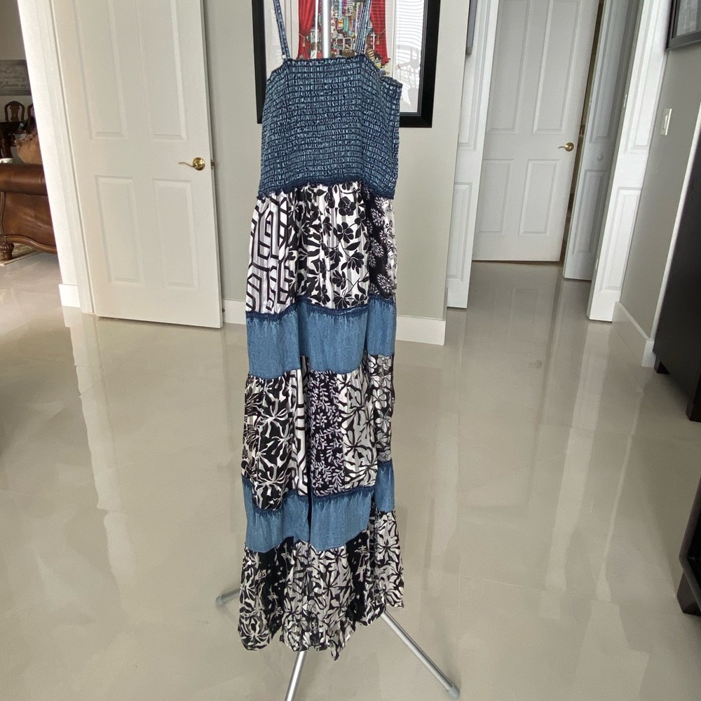 Denim and Black Smocked Tiered Maxi Dress